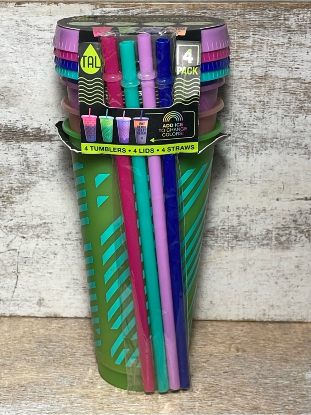 Set 4 Pack Tal Color Changing Reusable STRIPES Tumblers, Straws & Lids 24oz New